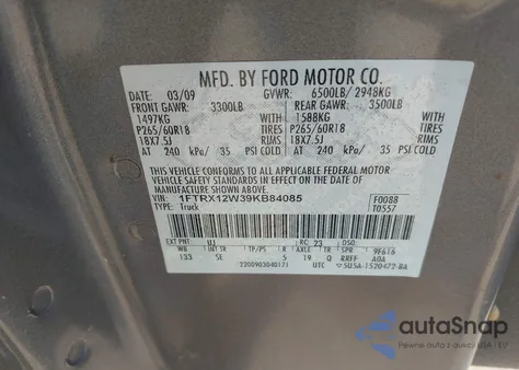 2009 Ford F-150 Stx/Xl z USA, uszkodzony, nr VIN 1FTRX12W39KB84085